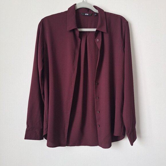 Uniqlo WOMEN'S RAYON LONG SLEEVE BLOUSE - Size S (Wine) - Picture 6 of 8